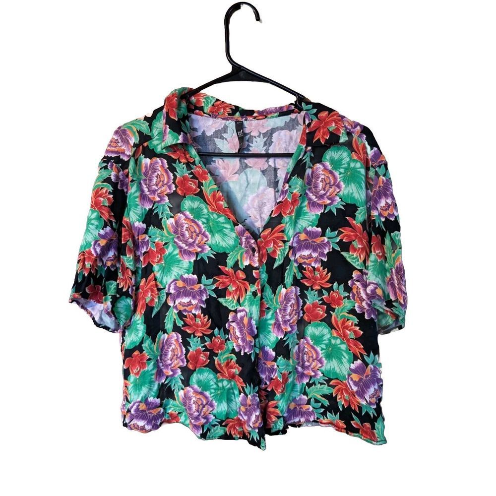 Zara TRF Short Sleeve Floral Tropical Soft Top Med